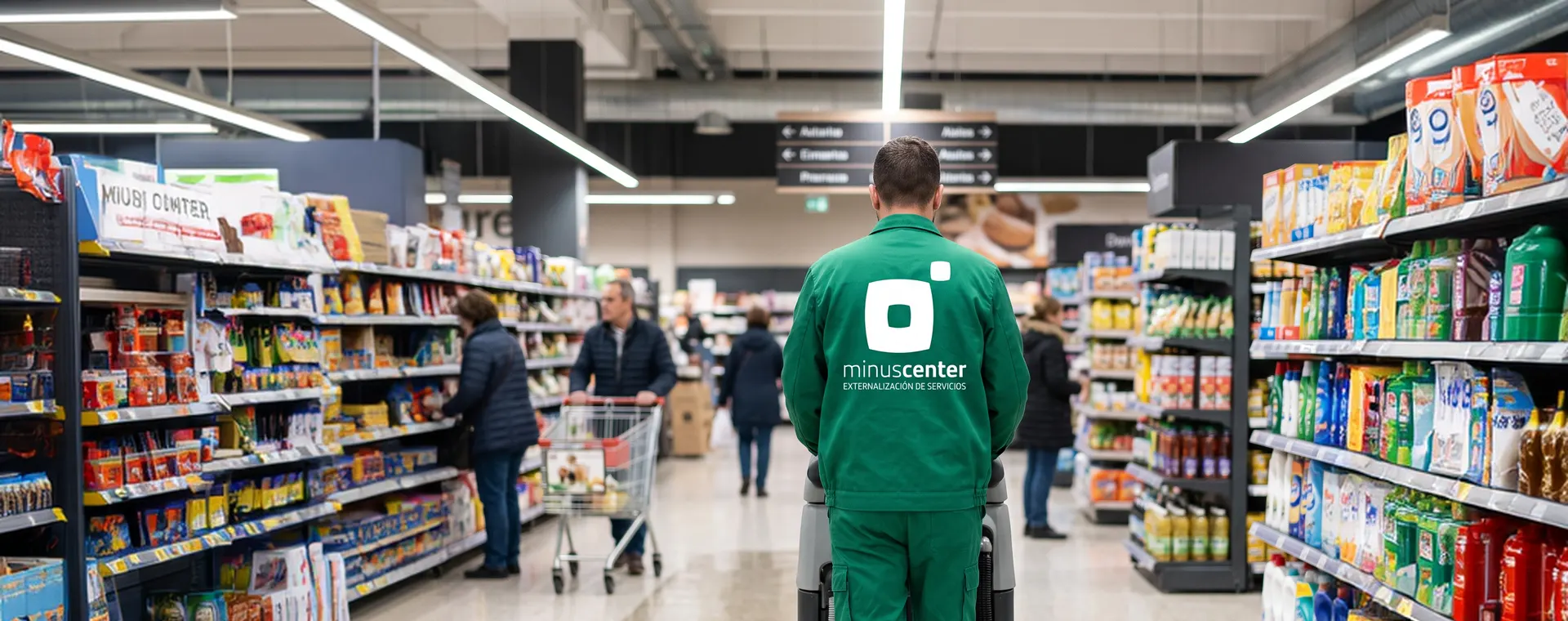 Trabajador de minuscenter limpiando en un supermercado