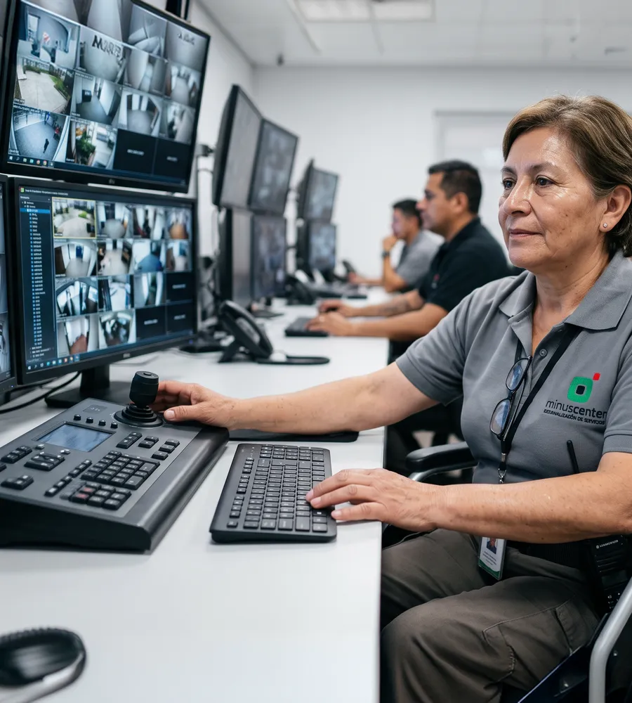 Trabajadora de minuscenter en una sala de control de seguridad