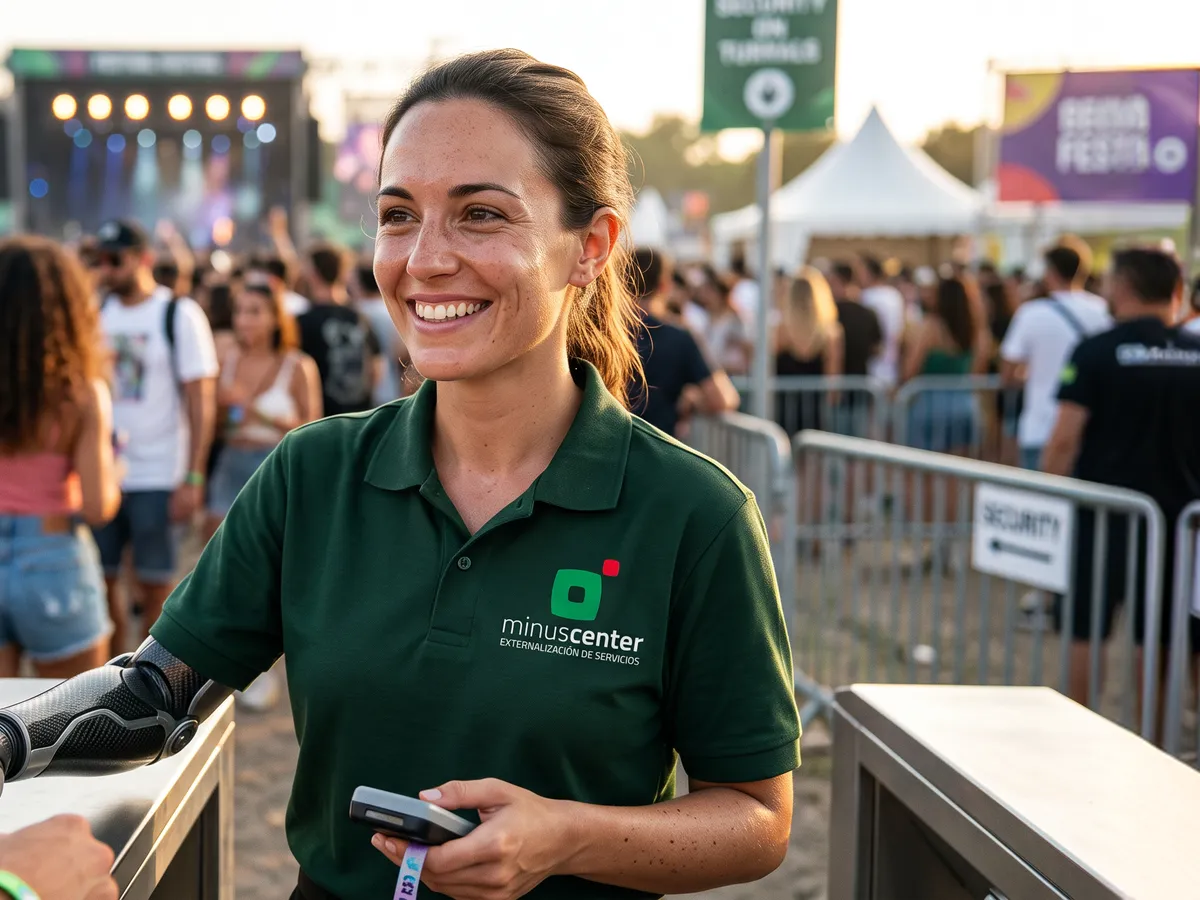 Trabajadora de minuscenter controlando accesos en un festival