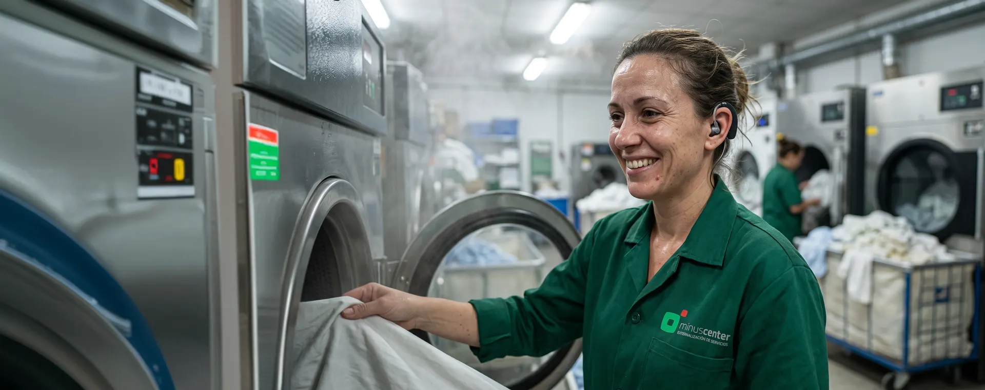 Trabajadora de minuscenter en una lavandería industrial
