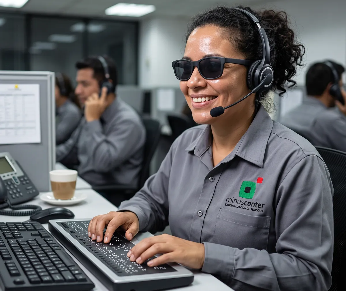 Teleoperadora de minuscenter trabajando con un teclado braille